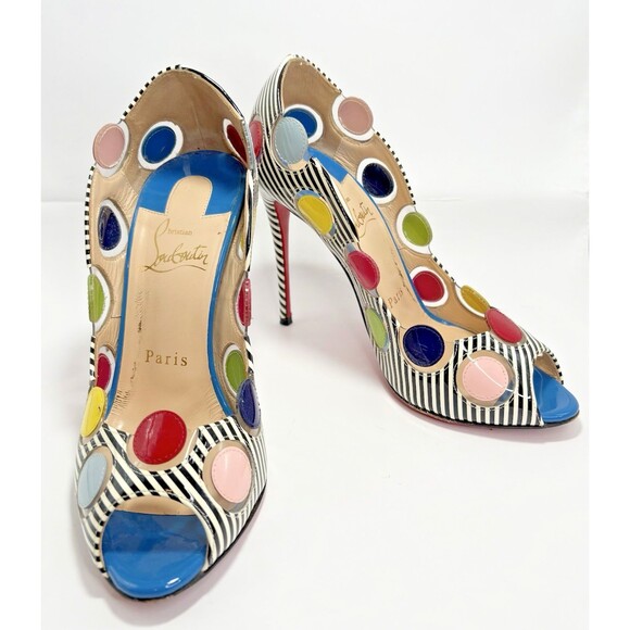 Christian Louboutin Lady Bug Heels Navy/White Stripes Bright Polka Dots Sz 35.5 - Picture 5 of 16